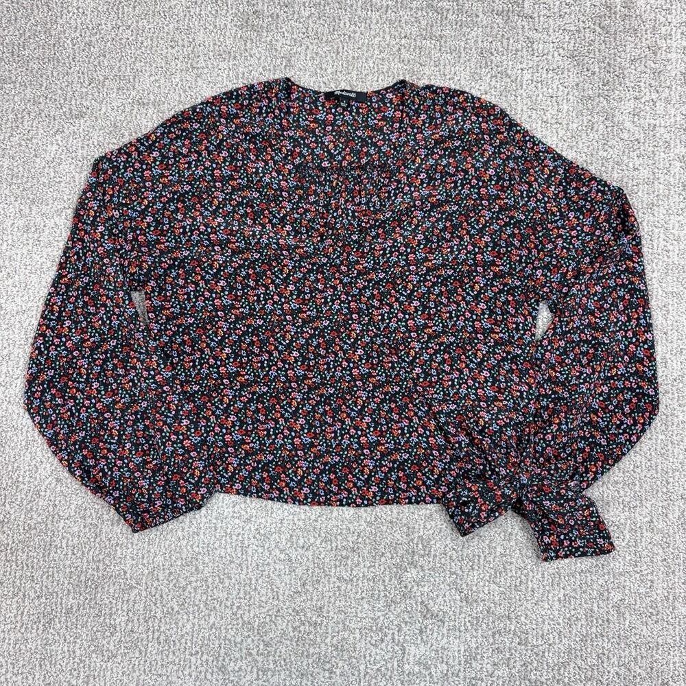 Madewell Top Womens Small Black Floral Silk Wrap Tie Blouse Casual Boho